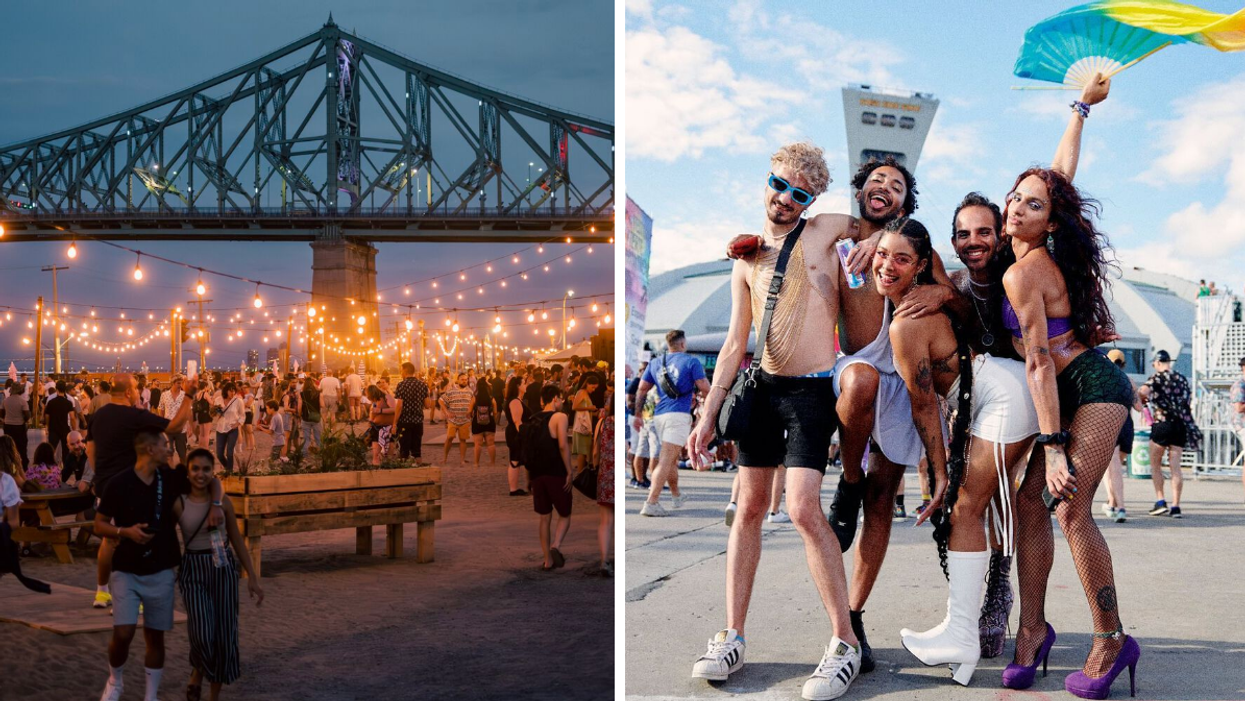 A crowd of people stand on sand beneath the glow of lit fairy lights with the Jacques-Cartier Bridge in the background. Right: A group of people wearing funky outfits posing in front of the Olympic Stadium.