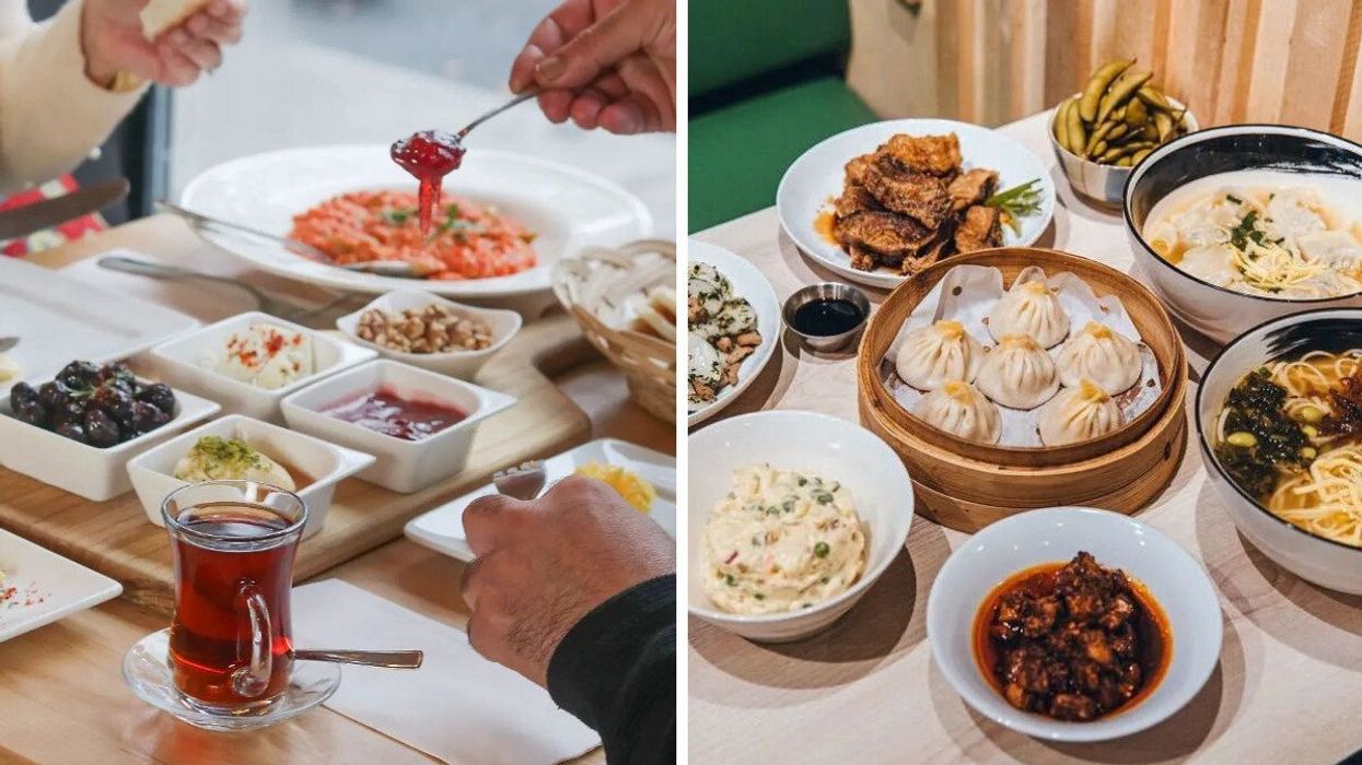 A cup of tea with tapas at Miraz. Right: A spread from Fuchun with dumplings at the centre.