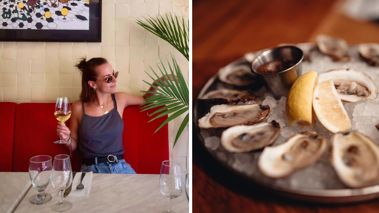 A customer at Bistro Les Deux Gamins. Right: Oysters by Huis Clos in Villeray.