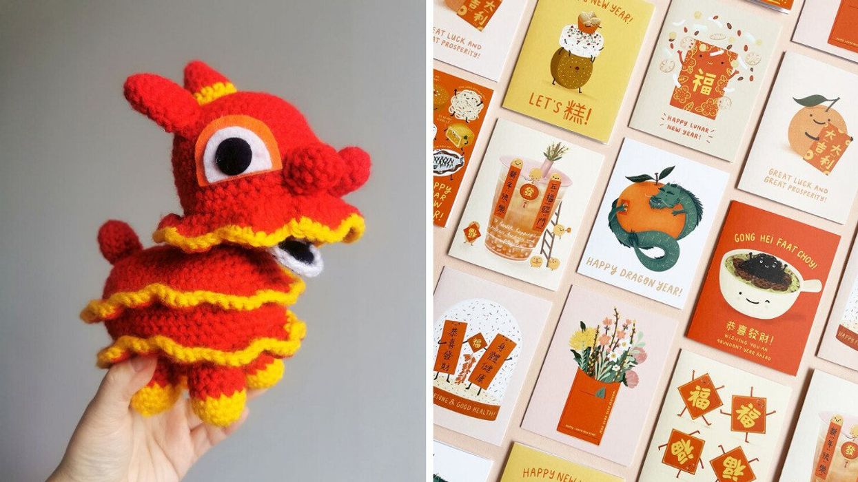 A cute red and yellow crochet dragon. Right: A selection of Lunar New Year-themed cards.