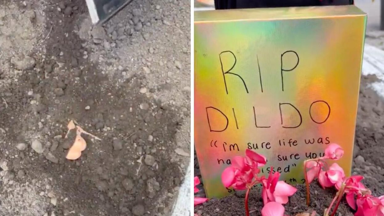 A dildo lies partially uncovered in a plot of dirt. Right: A tombstone and flowers mark the spot in a Montreal sidewalk where a store owner buried a dildo.