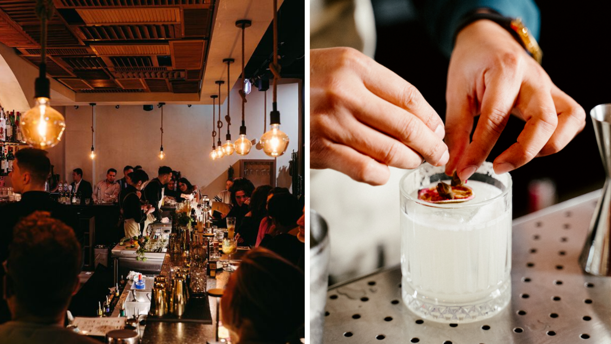 A dimly lit bar full of people. Right: Someone placing a garnish on a margarita.