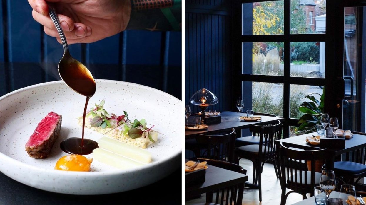 A dish served at Montreal restaurant Île Flottante. Right: The interior of Montreal restaurant Île Flottante.