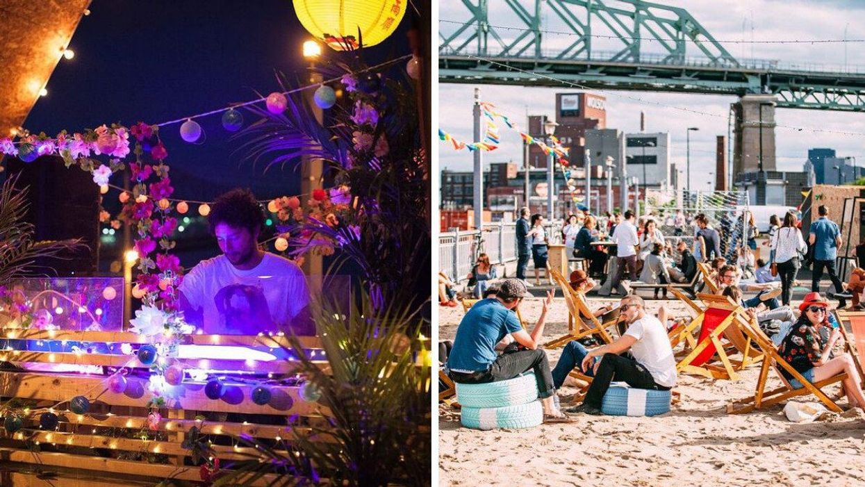 A DJ performs in the evening. Right: People sit on the Pied-du-Courant beach with the Jacques Cartier Bridge in the background.