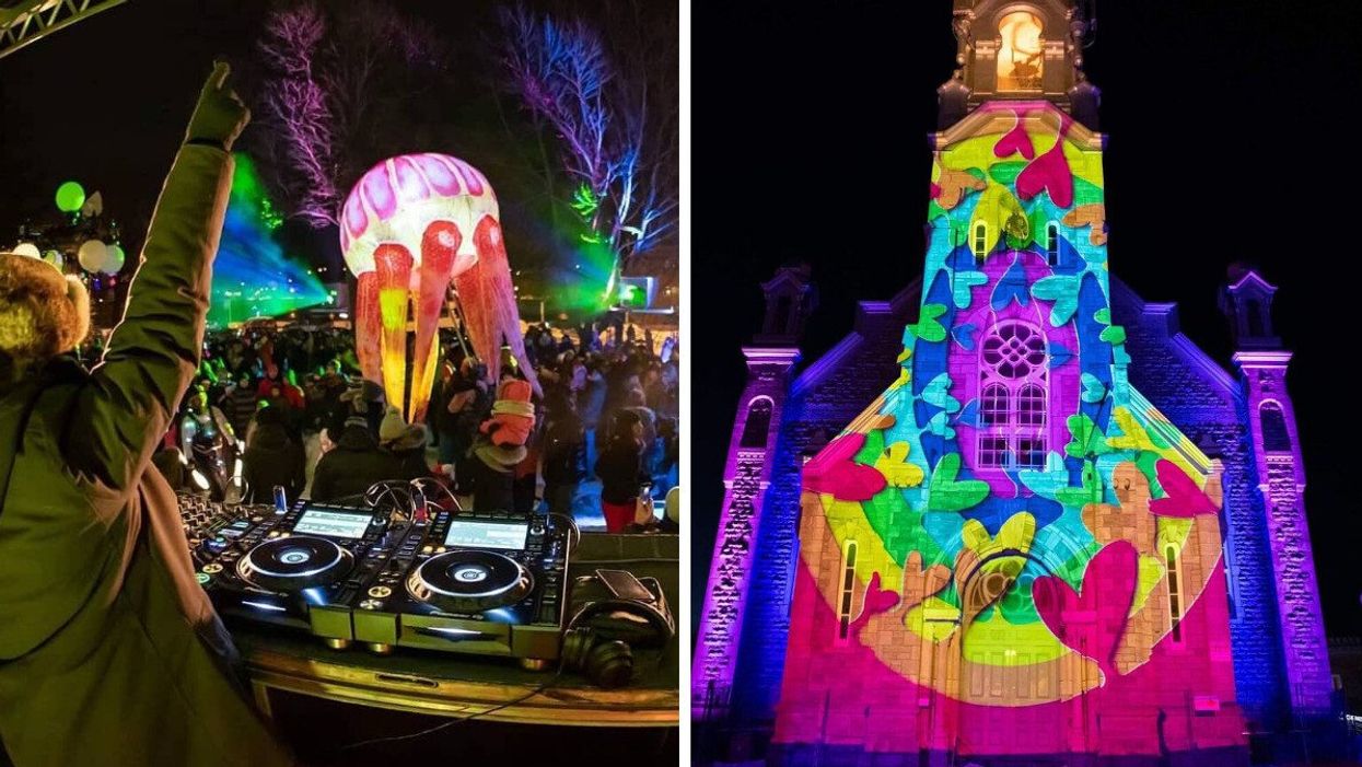 A DJ raises their hand in front of a crowd with a neon-lit inflatable jellyfish at the centre. Right: A church façade covered in rainbow hearts.