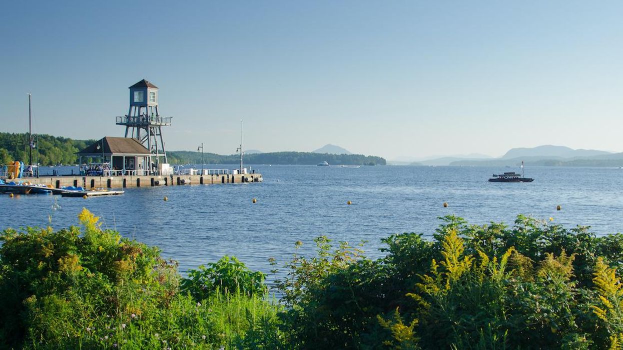 A dock extends into the water of Quebec's Lake Memphremagog.