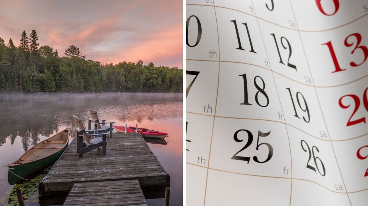 A dock on a lake. Right: A calendar.