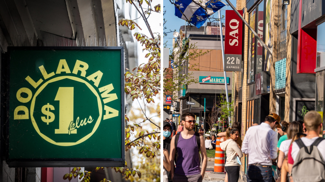 A Dollarama sign in Montreal. Right: A line outside of an SAQ in Montreal.