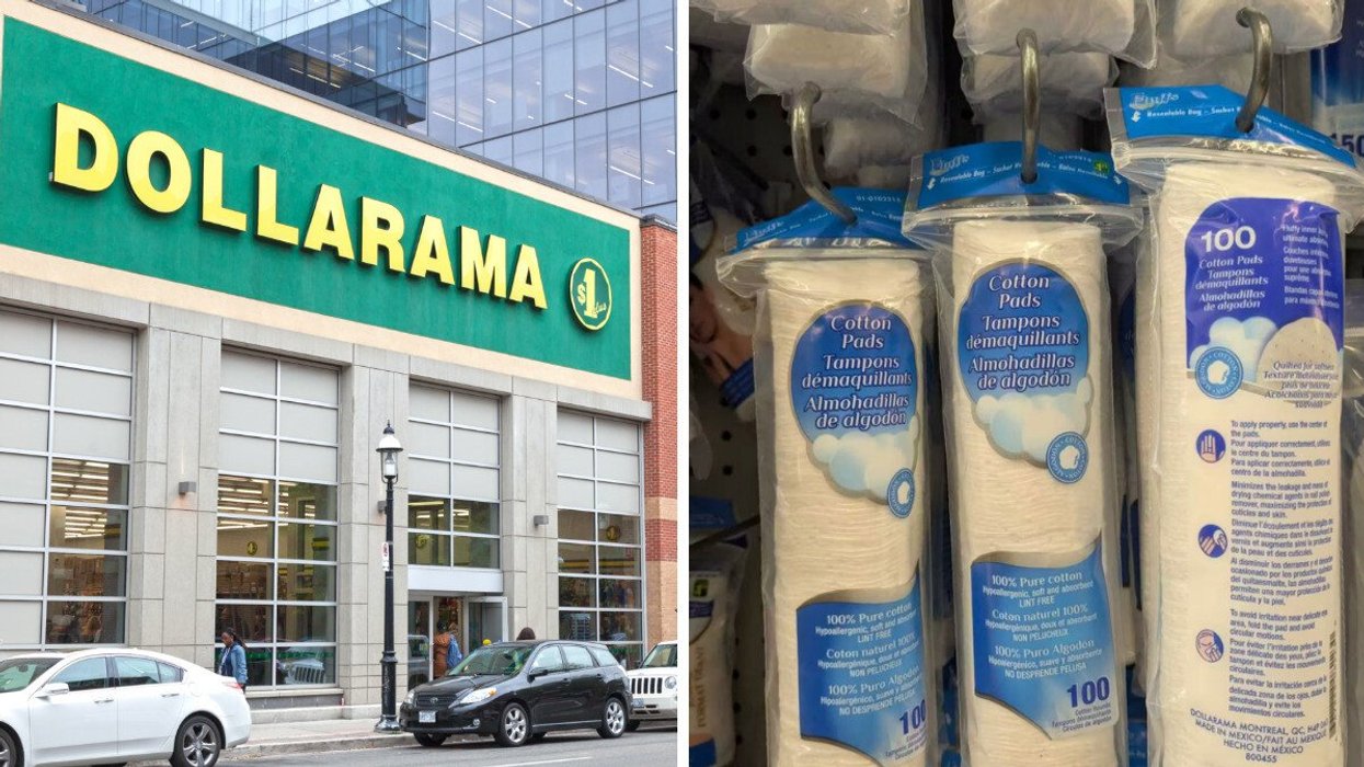 A Dollarama storefront exterior. Right: cotton pads on a shelf inside a Dollarama store.