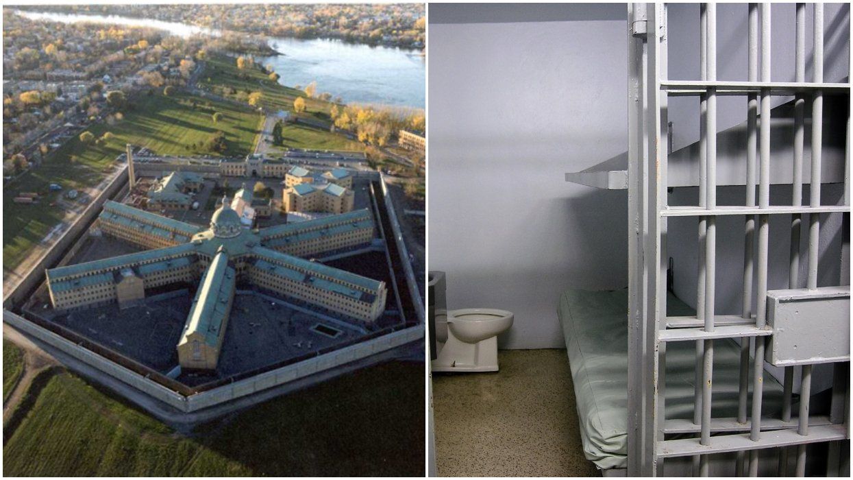 A drone image of Montreal's Bordeaux Prison. Right: A jail cell.
