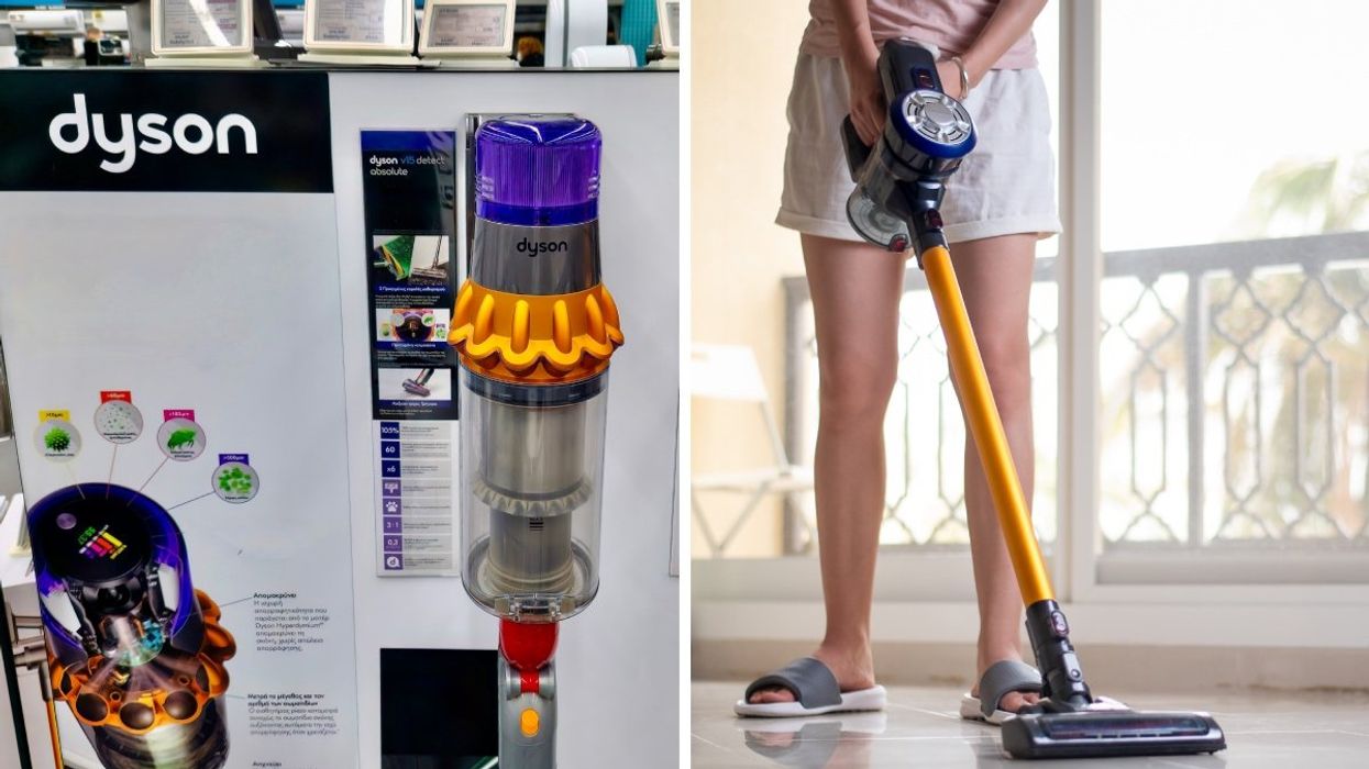 A Dyson vacuum hung up at an in-store display. Right: A person using a cordless vacuum inside their home.