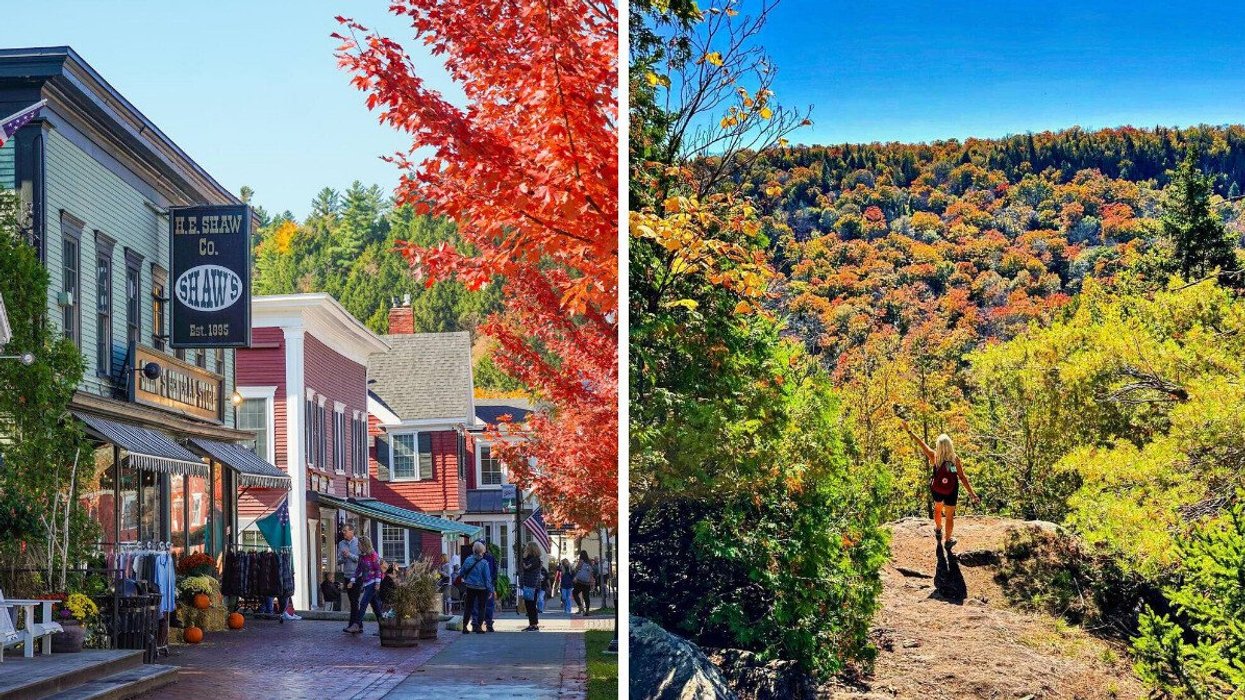 A fall town near Montreal. Right: A person stands at a lookout in a park near Montreal.