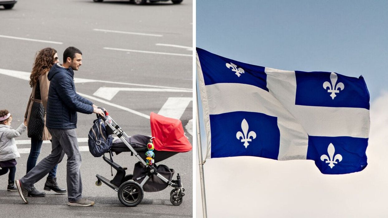 A family crossing the street. Right: A Quebec flag waving.