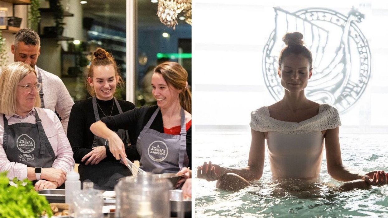 A family prepare a meal together at an Ateliers et Saveurs workshop. Right: Someone meditates in a pool at Scandinave Spa.