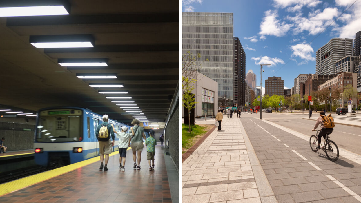 A family walks alongside the metro at Viau station. Right: Someone bikes through a spring day in Montreal.
