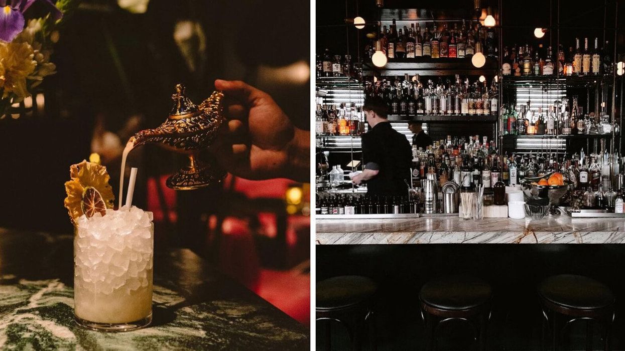 A fancy cocktail being poured. Right: A man working behind a bar in Montreal.