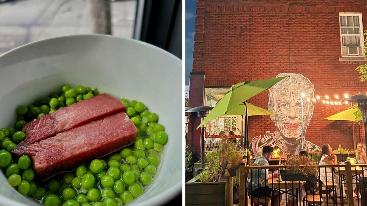 A fancy dish of beef and peas. Right: An Anthony Bourdain mural in Montreal.
