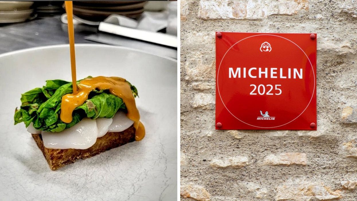 A fancy gourmet dish. Right: A Michelin guide poster.