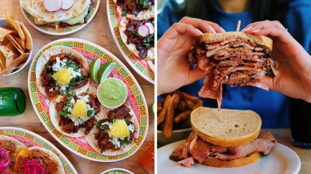A few taco dishes from La Capital Tacos in Montreal, Quebec. Right: A person holding up a smoked meat sandwich from the Green Spot restaurant in Montreal, Quebec.