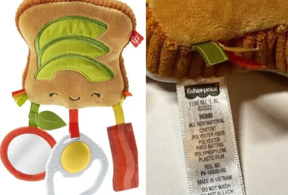 A Fisher-Price stroller toy that was recently recalled. Right: The label of a recalled Fisher-Price toy.