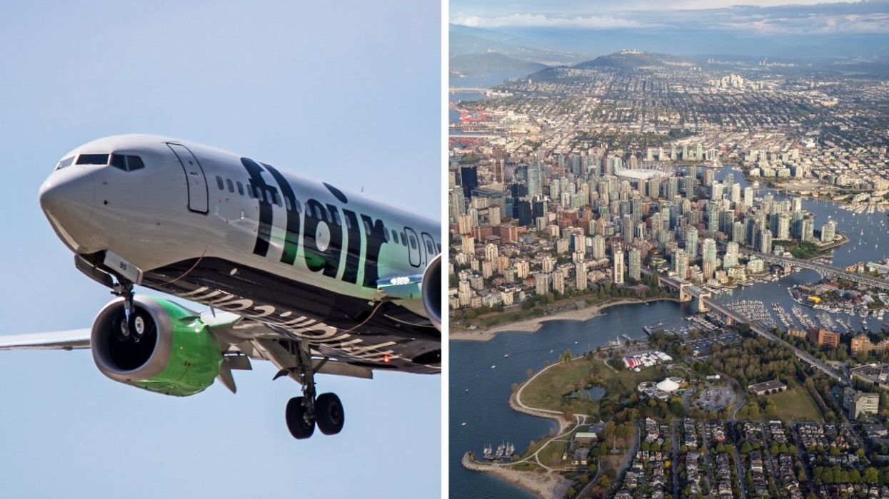 A Flair Airlines planes, Right: An aerial view of Vancouver.