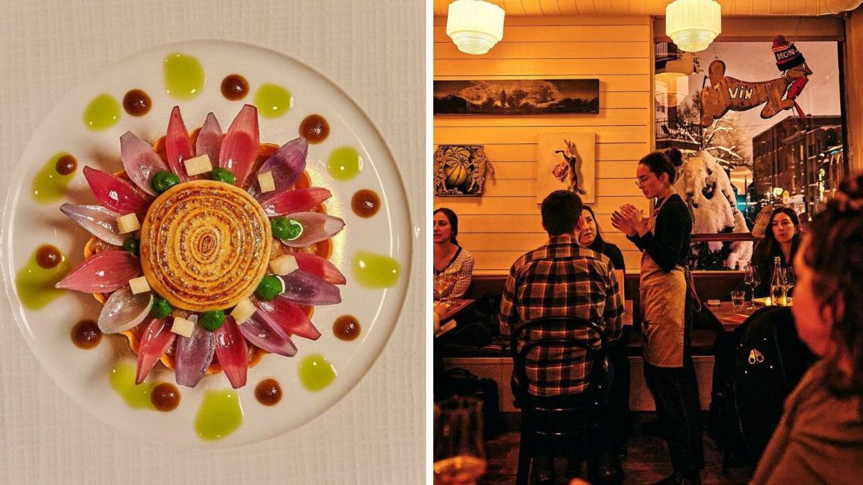 A flower-shaped dish from Maison Boulud. Right: A server speaks with customers at Vin Mon Lapin.