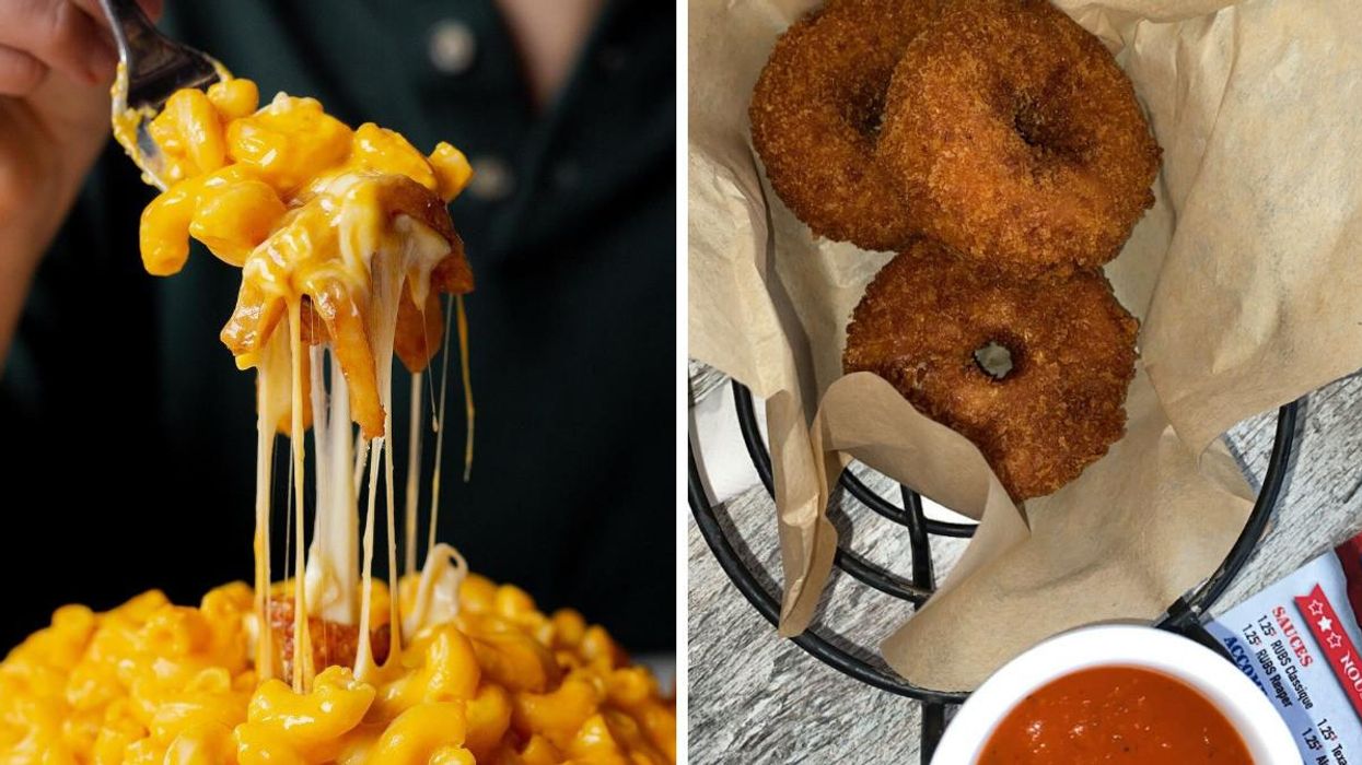 A fork of mac 'n' cheese poutine. Right, A basket of mac 'n' cheese donuts.