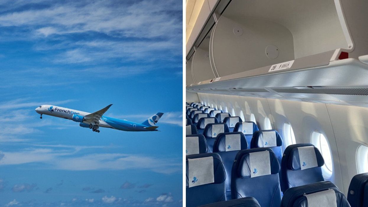 A French bee plane taking off. Right: Rows of seating inside a French bee plane.
