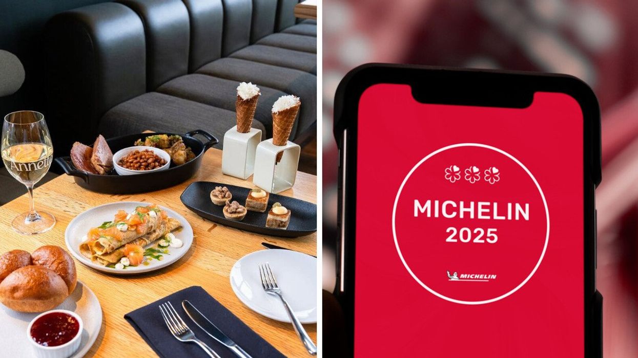 A full table of gourmet food. Right: A phone showing the 2025 Michelin Guide.