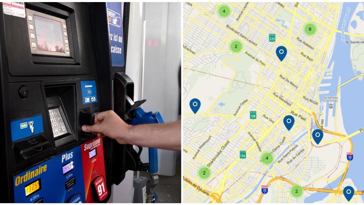 A gas station in Quebec. Right: Quebec's new gas price map tool.