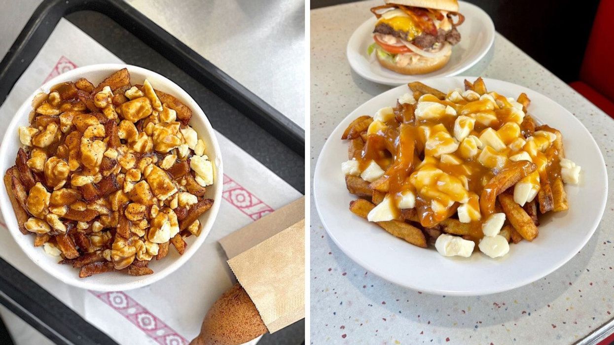 A giant bowl of poutine on a tray from Chez Tousignant in Montreal. Right: A plate of poutine piled-high from Paulo et Suzanne, Montreal.