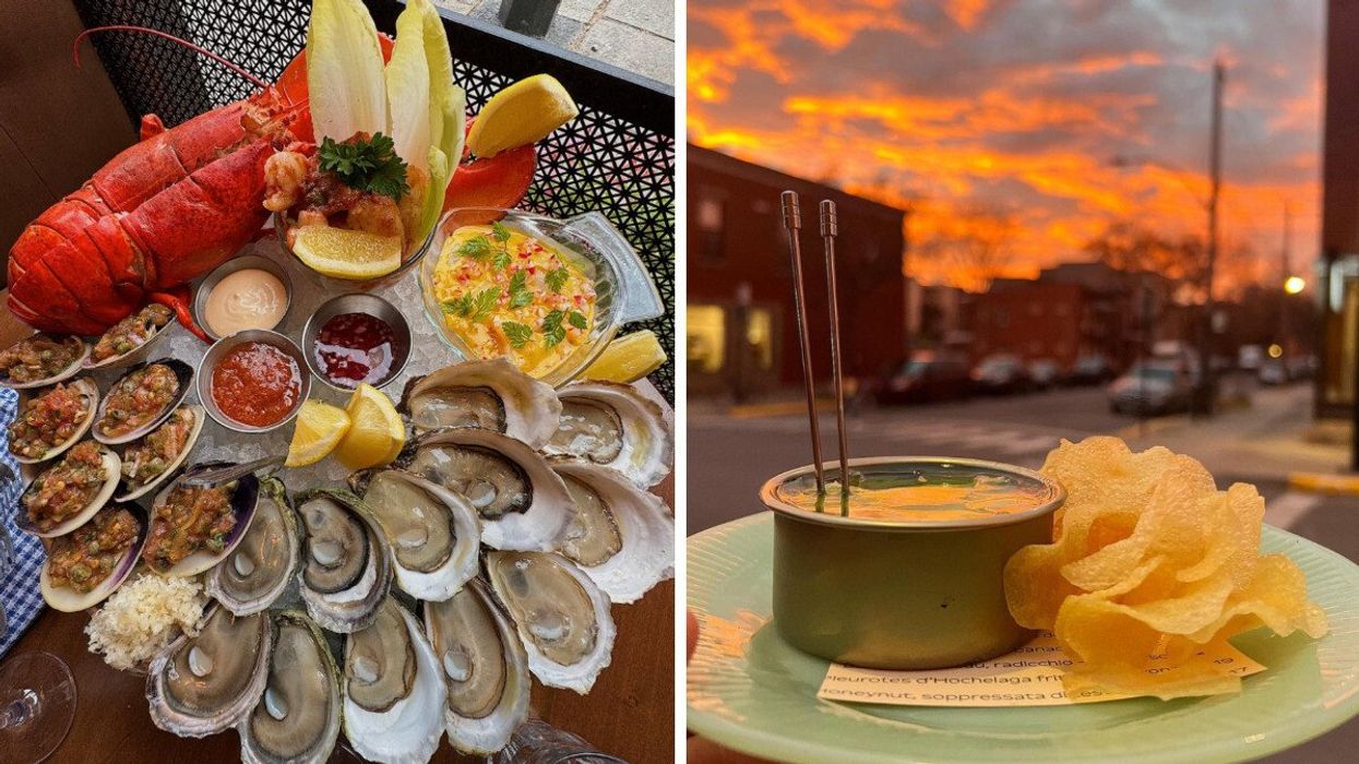 A giant plate of fresh seafood from Joe Beef. Right: A small plate snack with a sunset in the background.