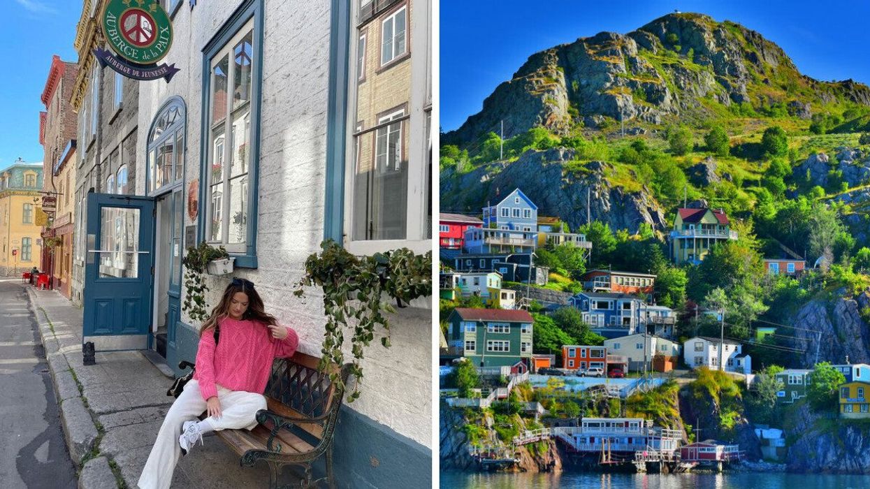 A girl sits on a park bench in Quebec. RIght: Coastal view of St. John's, Newfoundland.