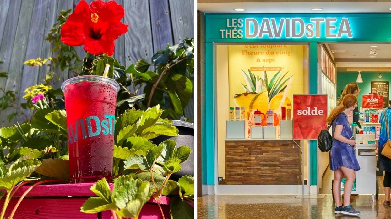A glass of hibiscus DAVIDsTEA tea surrounded by green plants. Right: The exterior of a DAVIDsTEA shop in Quebec.