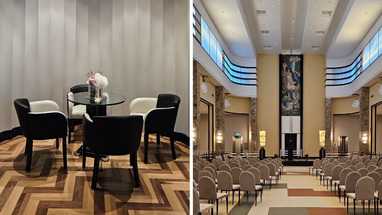 A glass table with black and white chairs on a zig-zag floor. Right: Chairs lined up in the Art Deco-style dining room in Le 9e.