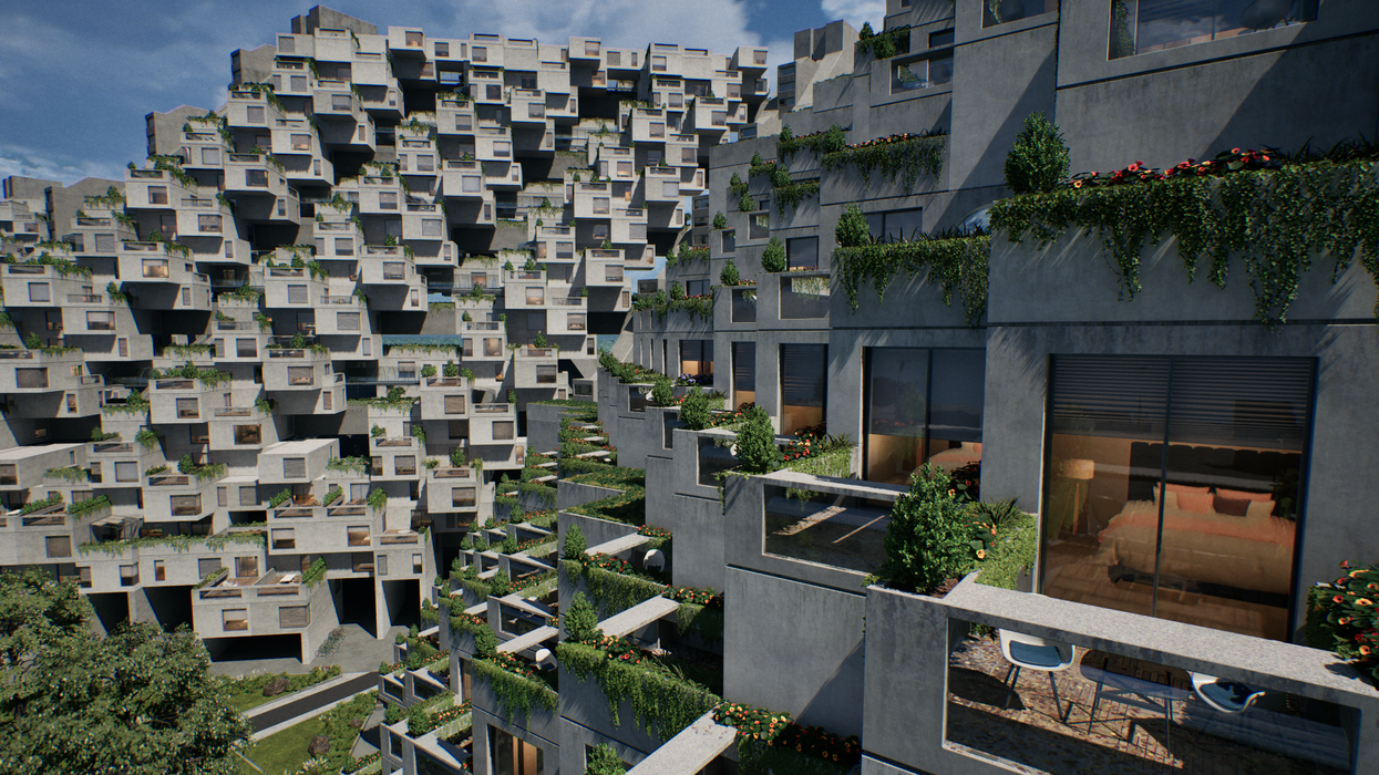 A glimpse into a bedroom from a vine-covered balcony on the south side of the structure.
