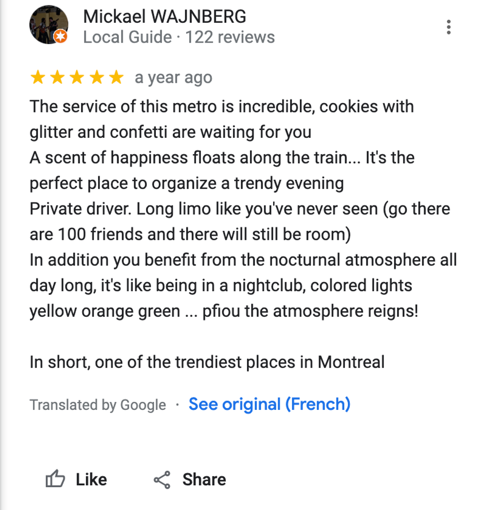 A glowing, sarcastic Google review of Berri-UQAM metro station.