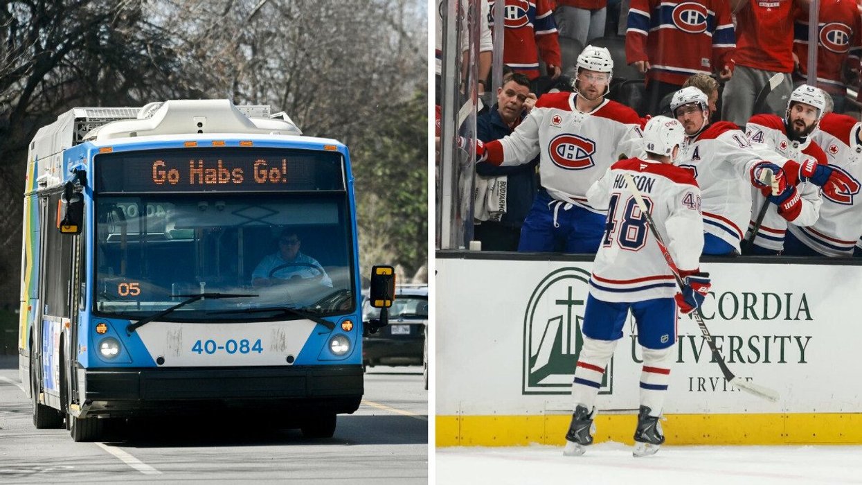 A 'Go Habs Go' slogan on an STM bus in Montreal. Right: Montreal Canadiens defenceman Lane Hutson celebrates a goal.