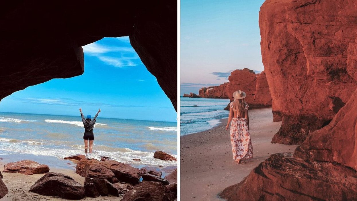 A golden-sand beach in Quebec. Right: A person walks by red cliffs at a beach in Quebec.