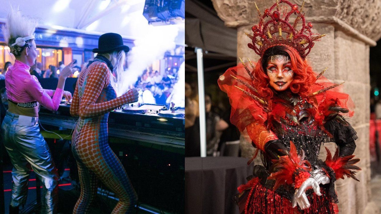 A Grand Prix party in Montreal. Right: A person in a costume outside of a Montreal event.