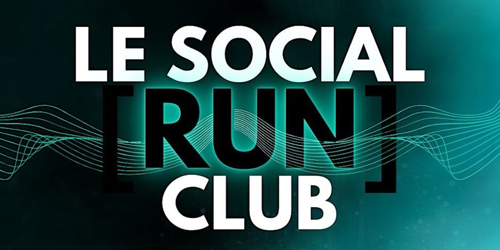 A graphic black and teal poster for an upcoming running club event happening in Montreal. \u200b