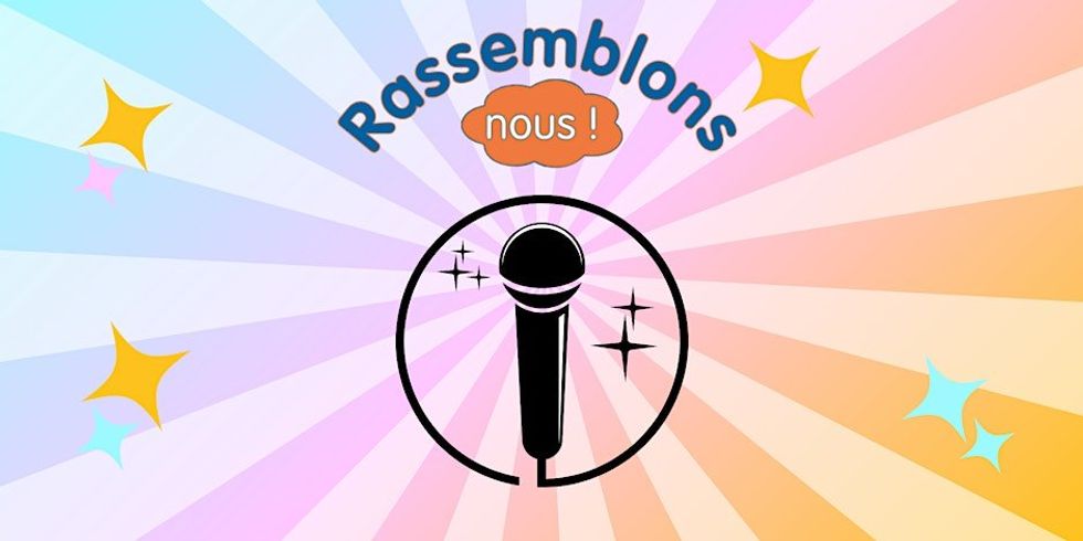 A graphic featuring a microphone and yellow and blue stars for a karaoke event in Montreal.