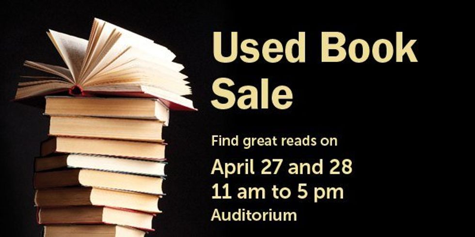 A graphic featuring a stack of books with information for a used book sale in C\u00f4te Saint-Luc, Montreal.