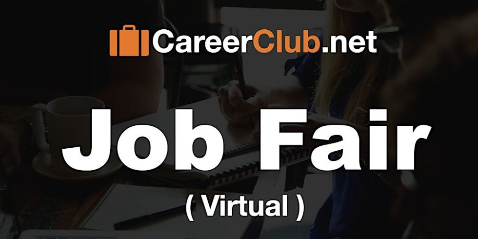 A graphic featuring people working at a desk faded by writing of a virtual job fair taking place this weekend.