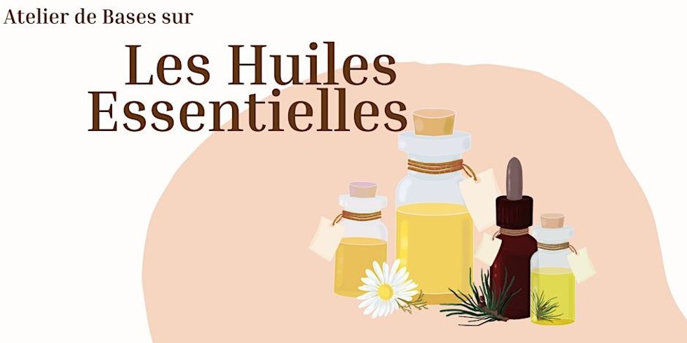 A graphic featuring various bottles of essential oils and flowers.