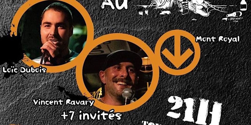 A graphic made for a comedy show featuring two people on stage doing stand-up comedy.