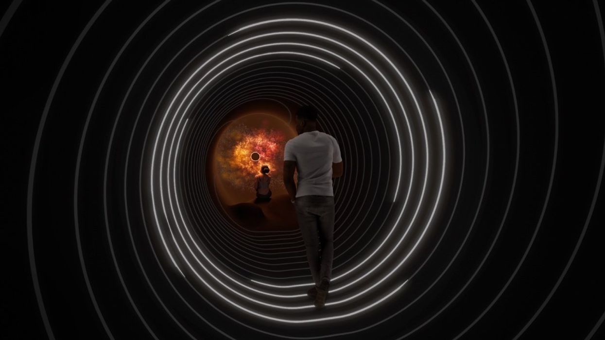 A graphic of a black hole tunnel with spiralling lights and two people waling toward an orange blaze.