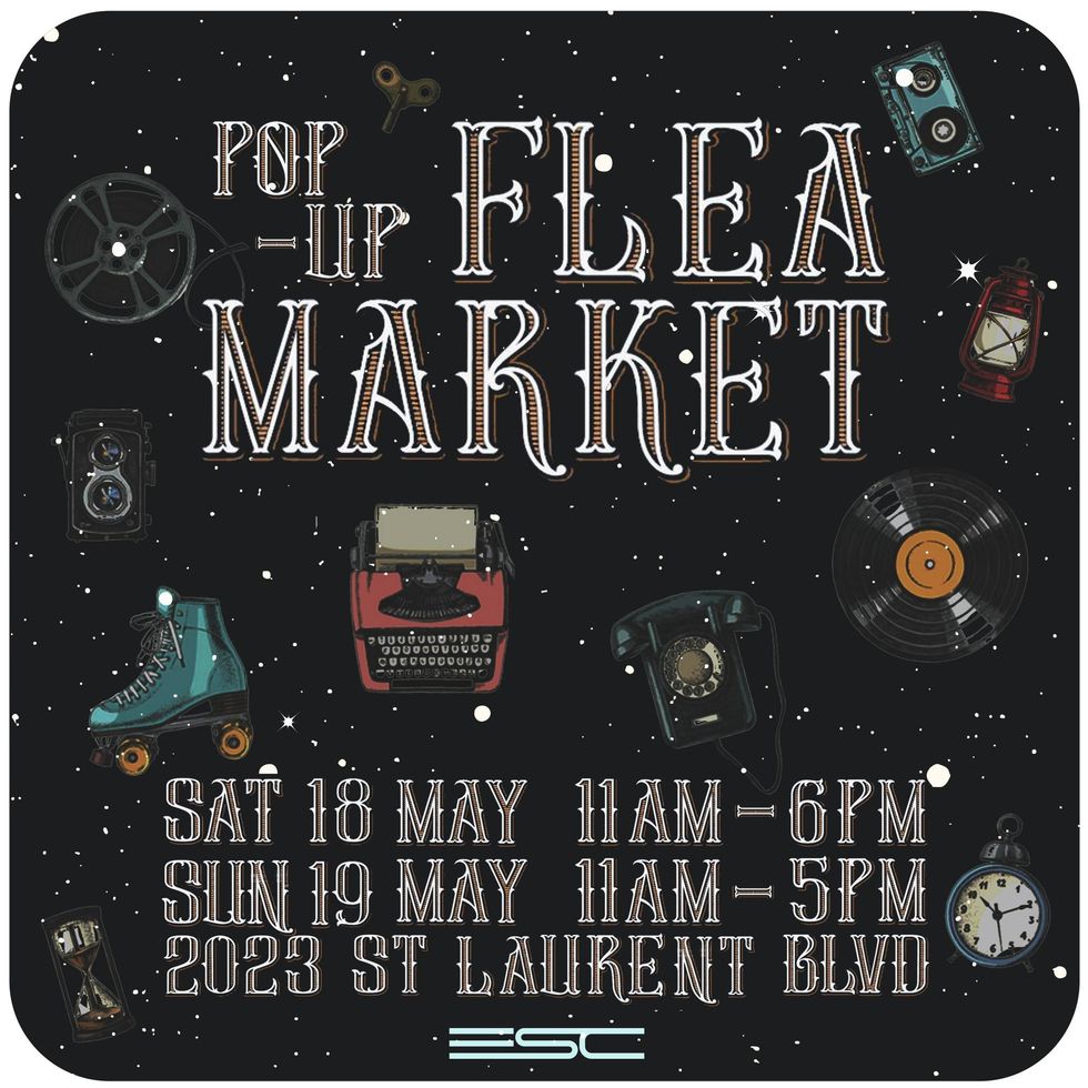 A graphic poster for a flea market event with various vintage items including roller skates, a typewriter, rotary phone and vinyl record.