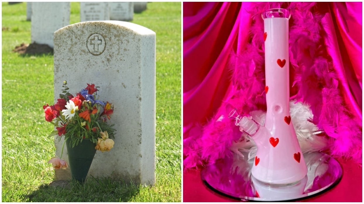 A gravestones with flowers. Right: A Valentine's Day bong.