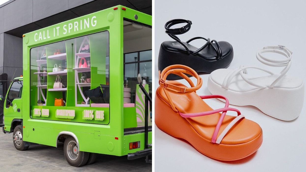 A green truck with windows in the back displaying handbags and heels. Right: Three platform shoes in orange, black and white.